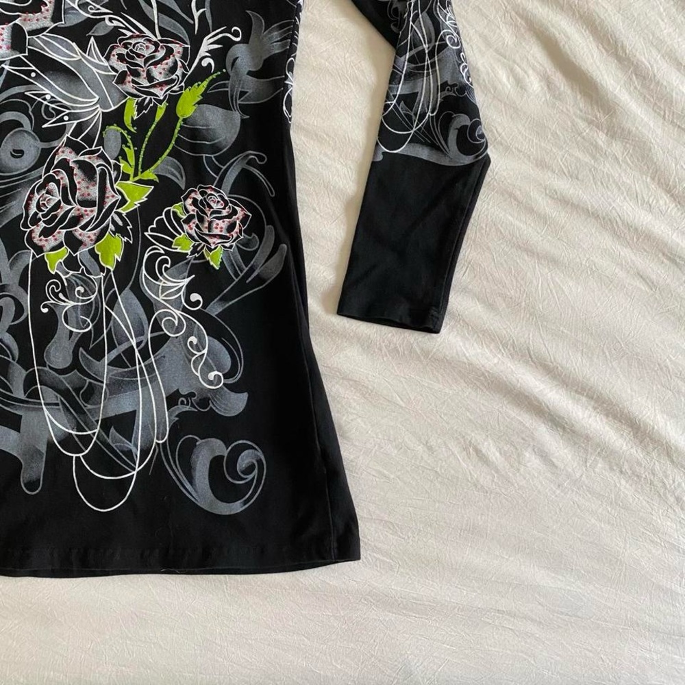 Y2k long sleeve hooded mini dress with rhinestones rose & tribal pattern - Picture 4 of 8